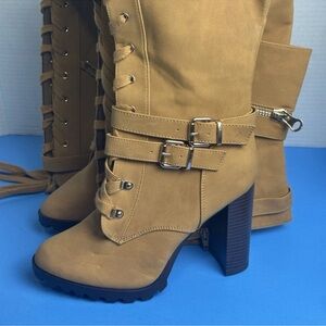 Lira Tan Heeled Boots with Buckle Detail